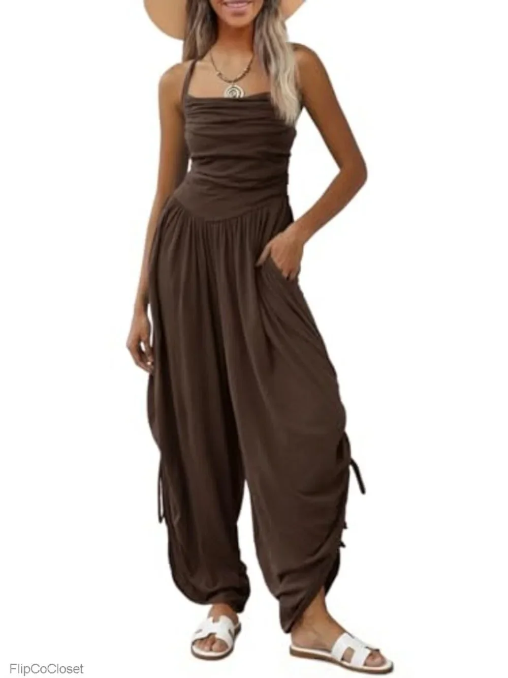 Womens Halter Jumpsuit Sleeveless Wide Leg Side-Cinch Ruched Barrel Pant Romper